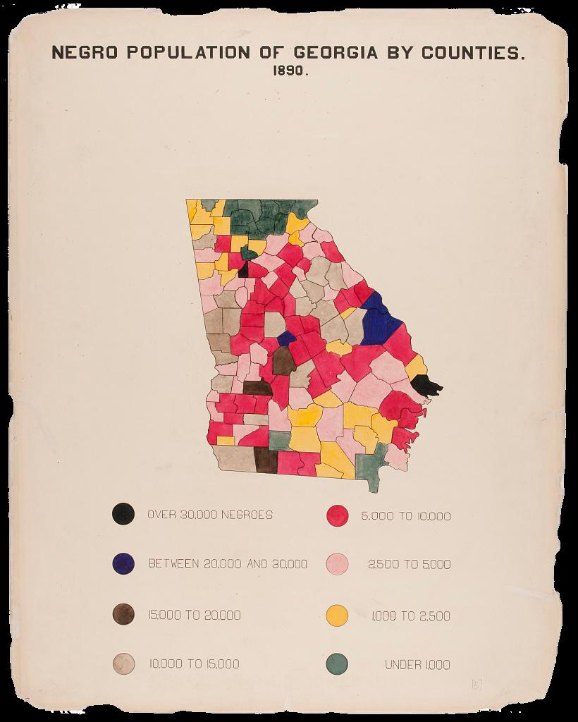 A colorful map of Georgia in 1890 subdivided and color-coordinated by the size of each county’s Black population. Bright pinks and yellows dominate and spread throughout the map, while clusters of dark blue, brown, and green are concentrated on specific areas within Georgia’s borders. A key at the bottom of the page shows which colors correspond to which population size range.