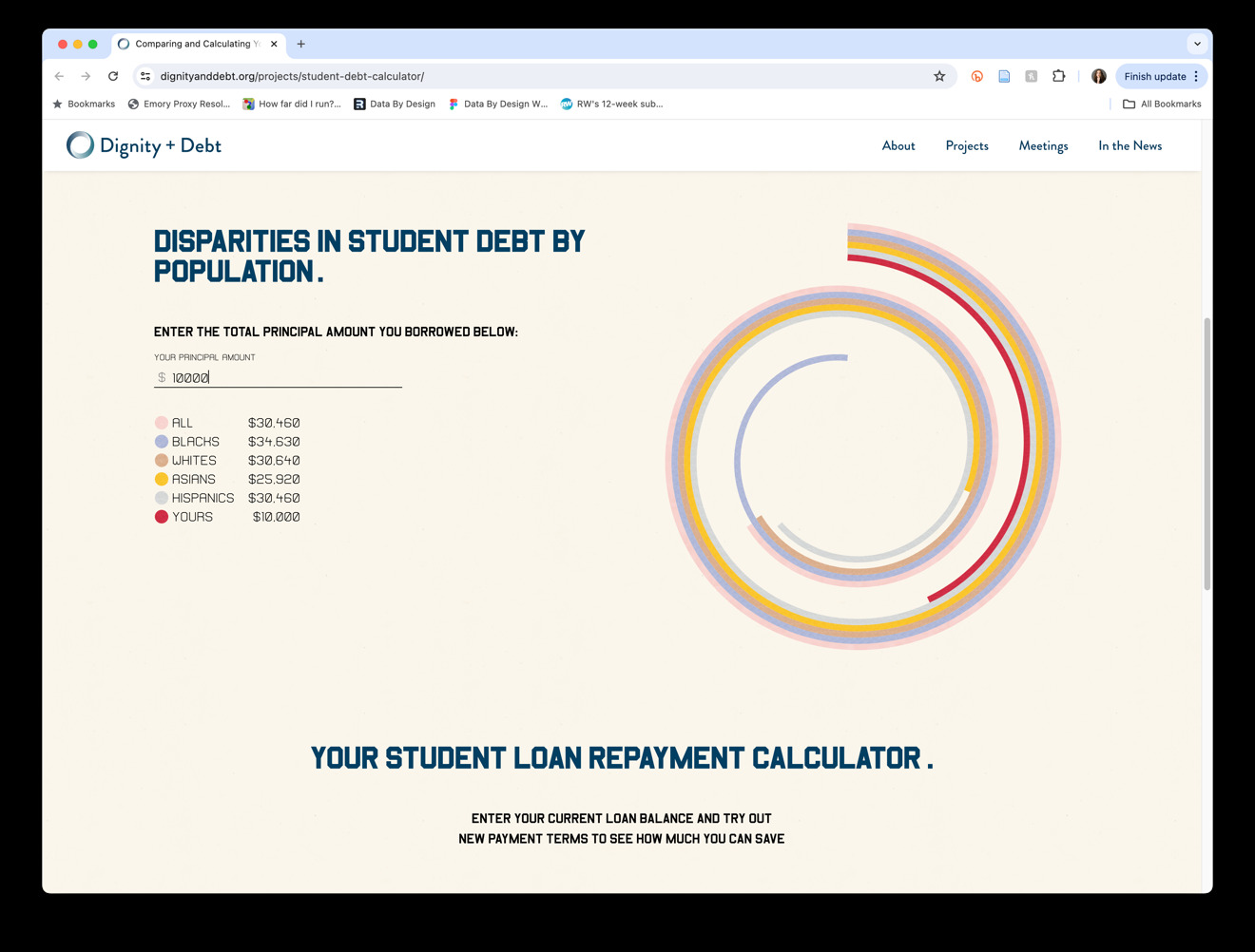 Screenshot of the Dignity + Debt student debt calculator