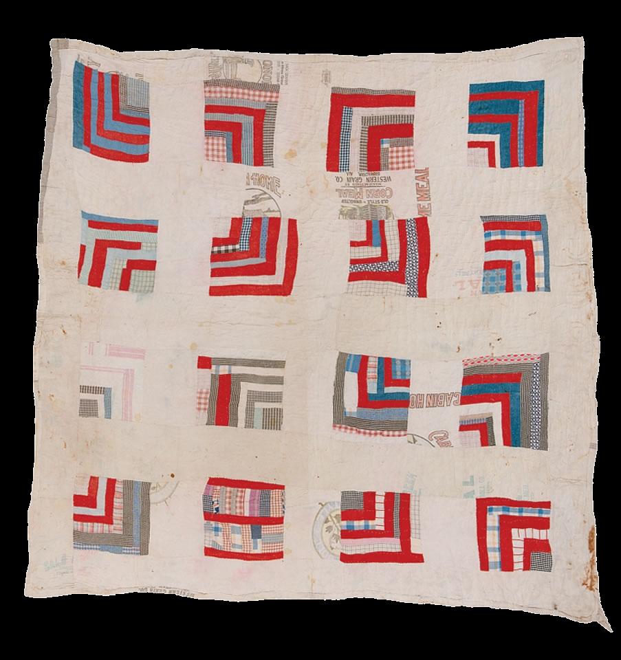 A quilt consisting of 16 squares arranged in a 4x4 grid. Each square consists of strips of red, blue, and grey cloth, quilted into L-shaped patterns, set against an off-white background.