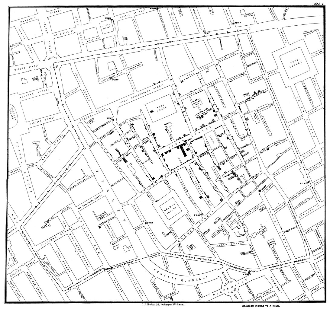 An aerial map of a town’s cholera cases. Cholera presence is indicated by clusters of short squares that are stacked along streets and within neighborhoods.