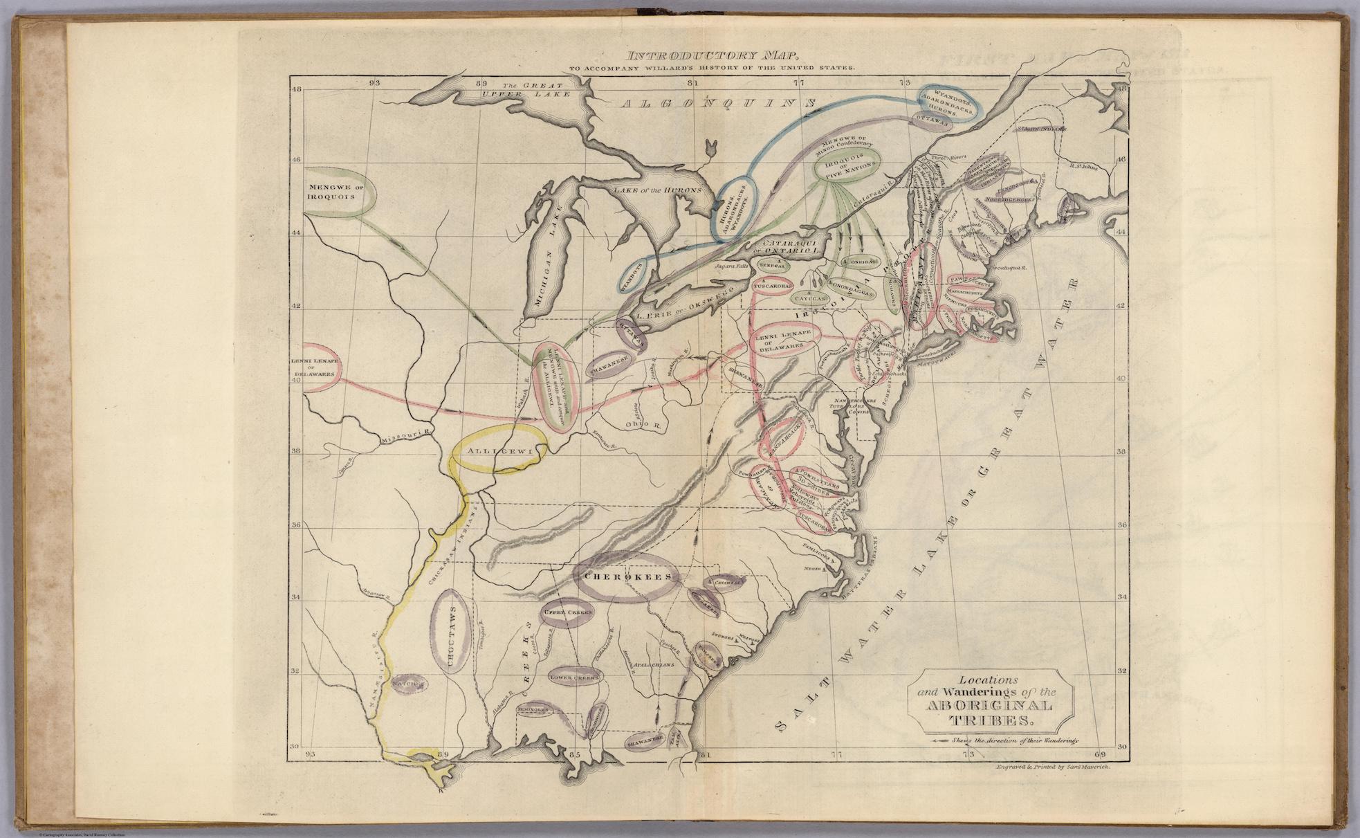 A map of the eastern half of the United States depicting the locations and movements of various indigenous tribes (or the “Wanderings of Aboriginal Tribes,” according to the map’s language). Tribe names are printed in bold, uppercase letters and circled with different colors, along with the paths of their movements. Near the five Great Lakes, there is a cluster of pink, green, and purple circles and lines, depicting a high number of peoples who lived and moved around this area. Purple, yellow, and pink lines spread out from that point and occupy land further west and south.