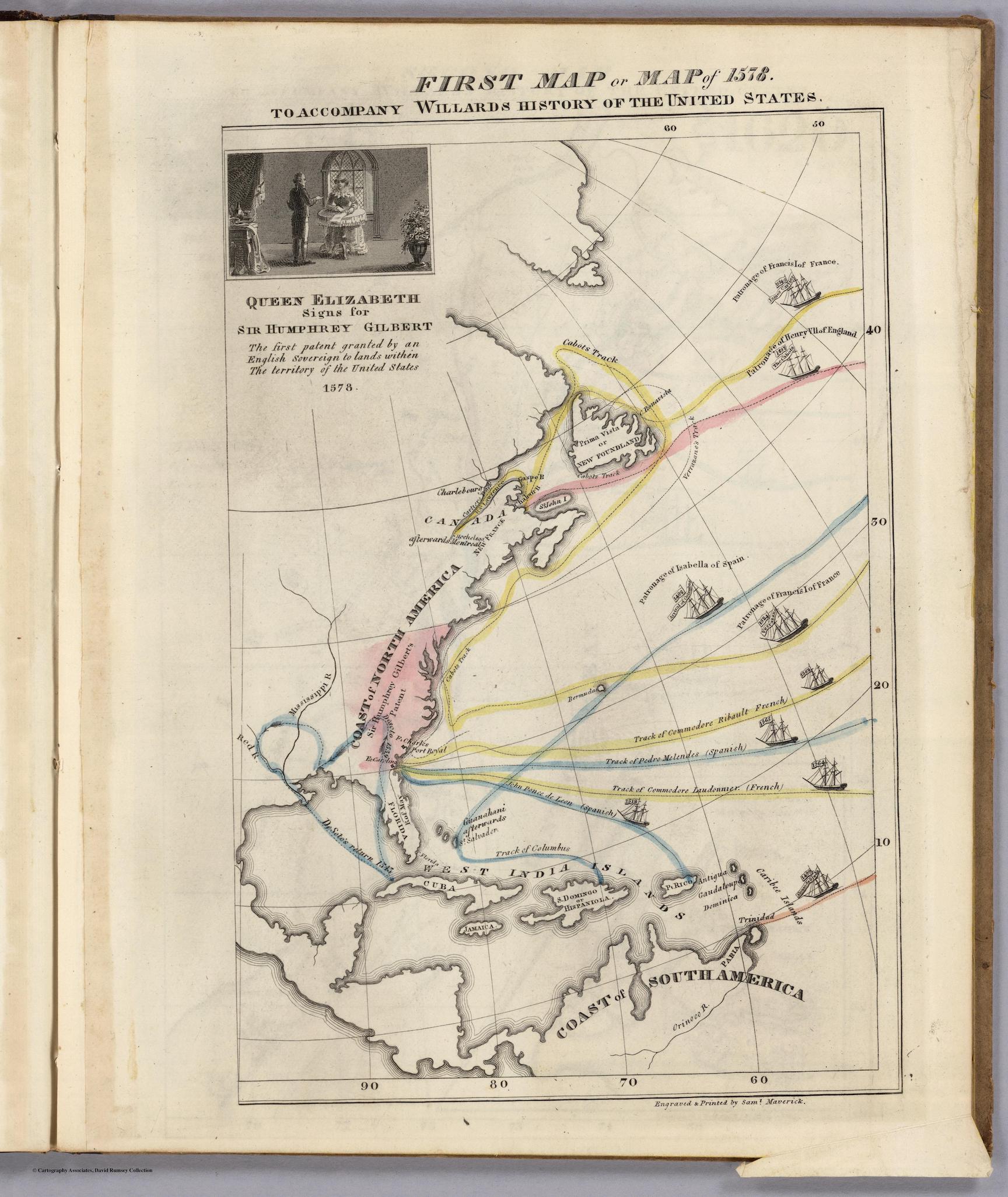 A map of the east coast of North America from Canada all the way down to the north coast of South America. A few Caribbean islands are depicted as well as several icons of ships traveling across the Atlantic ocean. Dotted lines highlighted in yellow, blue, and pink show routes taken and settlements made by the French, the Spanish, and the English, respectively. The year of the journey and the name of the ship are both written in each ship’s flags, and the names of particular travelers, or whom they travel in service of, are written above the ships. In the top left-hand corner, a small, detailed illustration of Queen Elizabeth is printed with a caption reading: “The first patent granted by an English Sovereign to lands within the territory of the United States.”