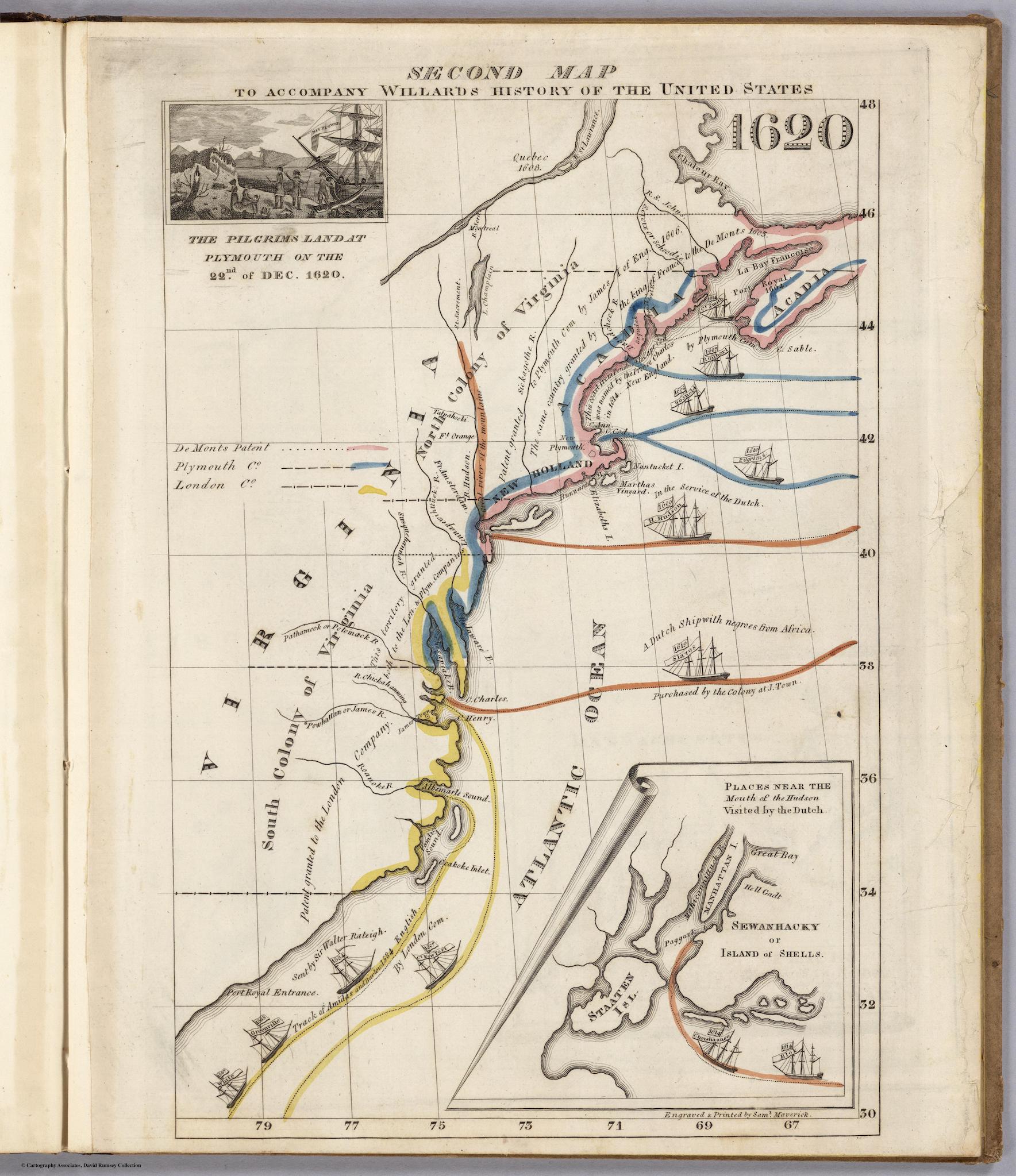 A map of the coast of Virginia depicting various highlighted paths ships took coming from the Atlantic Ocean. As with the rest of the maps in the series, latitude and longitude degrees provide the axes on which the land is drawn from a bird’s-eye view. Paths are colored in yellow, orange, blue, or pink, representing voyages taken by the London Company, the Dutch, the Plymouth Company, and the De Monts Patent, respectively. A miniature drawing in the top left corner illustrates “Pilgrims land at Plymouth on the 22nd of December 1620,” where several figures, some with guns and some wearing bonnets and dresses, are shown dismounting a ship with a flag that reads the “Mayflower.” Along the coast and beside the ships are details of patents granted and the names of colonial leaders. Ships dated from 1534 to the 1620s Mayflower are drawn across the coast. One ship in particular in the middle of the page is captioned with, “A Dutch Ship with negroes from Africa Purchased by the Colony at J. Town,” and the flags on it read “1619 Slaves.” An illustration of a page being rolled back to reveal “Staaten” Island is drawn in the bottom right-hand corner, where two Dutch ships follow an orange-highlighted path onto the land.