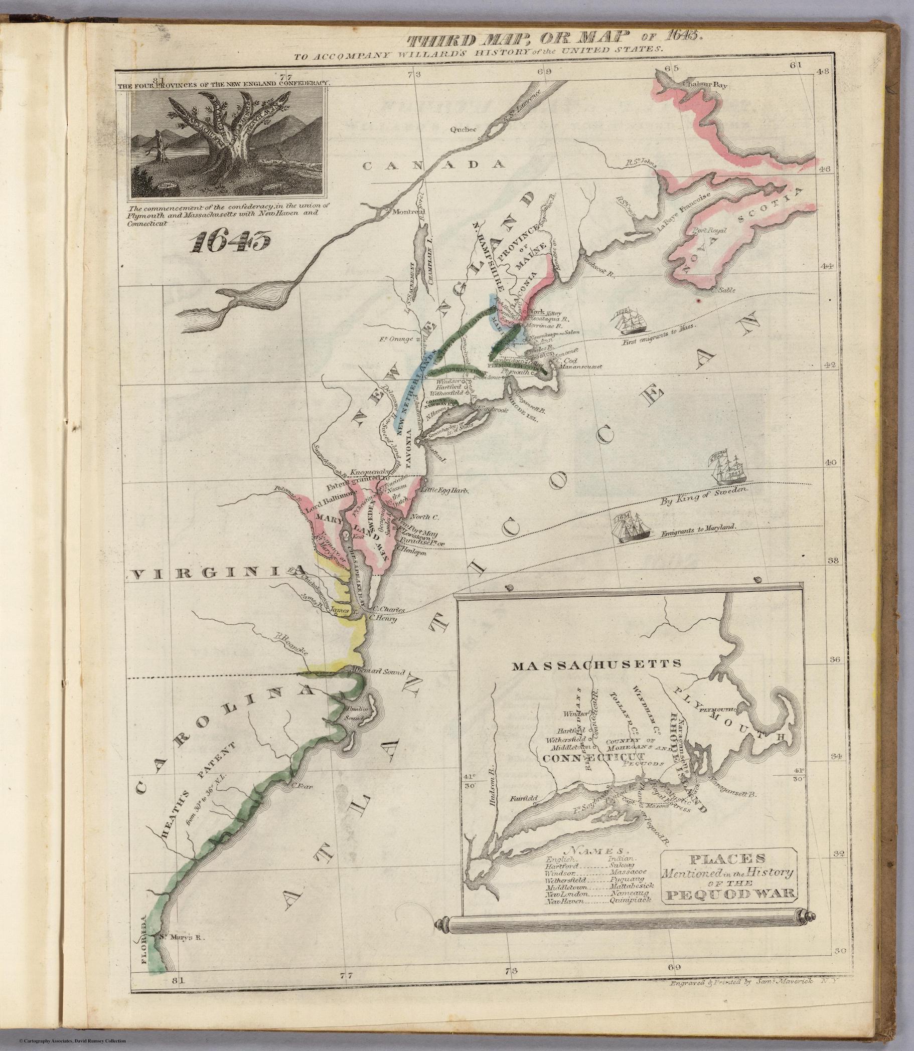 A map depicting the east coast of North America in 1643 from Nova Scotia to the top of Florida, with particular emphasis on Virginia, Carolina, and New England. Various highlighted sections color the coastline, and a few drawings of ships populate the Atlantic’s waters. In the top left corner, an image of “The Four Provinces of the New England Confederacy” is drawn, with a caption underneath reading, “the commencement of the confederacy in the union of Plymouth and Massachusetts with New Haven and Connecticut.” The illustration shows a tree trunk split four ways, with each segment labeled as one of the four locations listed in the caption. In the bottom right-hand corner of the map is a close-up view of Massachusetts with a list of places described in the Pequod War, which are labeled on this smaller view. Underneath, as with the other maps in the series, a small caption says that the map was engraved and printed by Sam Maverick.