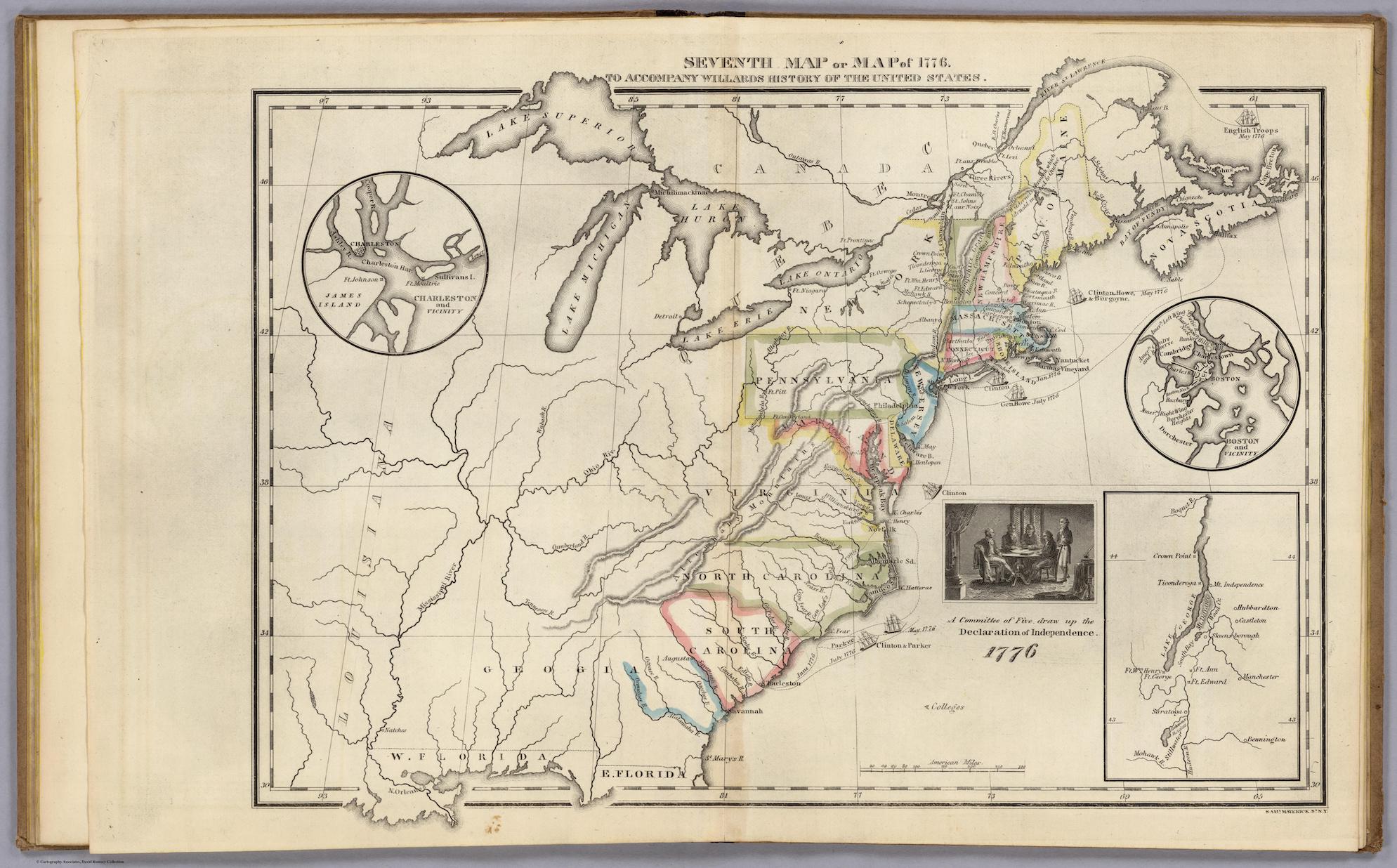 A map of the eastern half of the United States in 1776 that specifically names each Great Lake, the sprawling territory of Louisiana, as well as “Charleston and Vicinity,” in which James Island and its surroundings is depicted in a circle on the left-hand side of the page. A few places show the landscape exceeding the borders of the map, such as Lake Superior and River St. Lawrence at the top of the page crossing the map’s frame, as if expanding so greatly the visual cannot contain it. Another close-up circle lies along the right-hand side to show a detailed view of Boston and its surrounding cities. Below the circle, a rectangle shows a zoomed-in view of Lake George and its surroundings. To the left of the rectangle, an image depicting figures sitting and standing around a table is drawn with the caption reading, “A Committee of Five draw up the Declaration of Independence.”