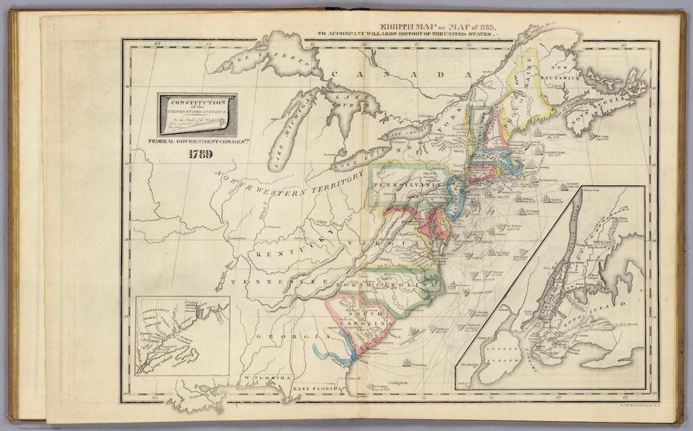 Similar to the previous map’s orientation, this map shows the United States in 1789. A small drawing of The Constitution is included in the top left corner of the page, and another small square showing details north of Long Island rests at the bottom left corner. In the bottom right corner of the page, a larger shape isolates a close-up view of Long Island itself as well as the various bodies of water that surround it. Tennessee and Kentucky are also included in this map, as well as an annotation reading “North Western Territory” beneath the Great Lakes.