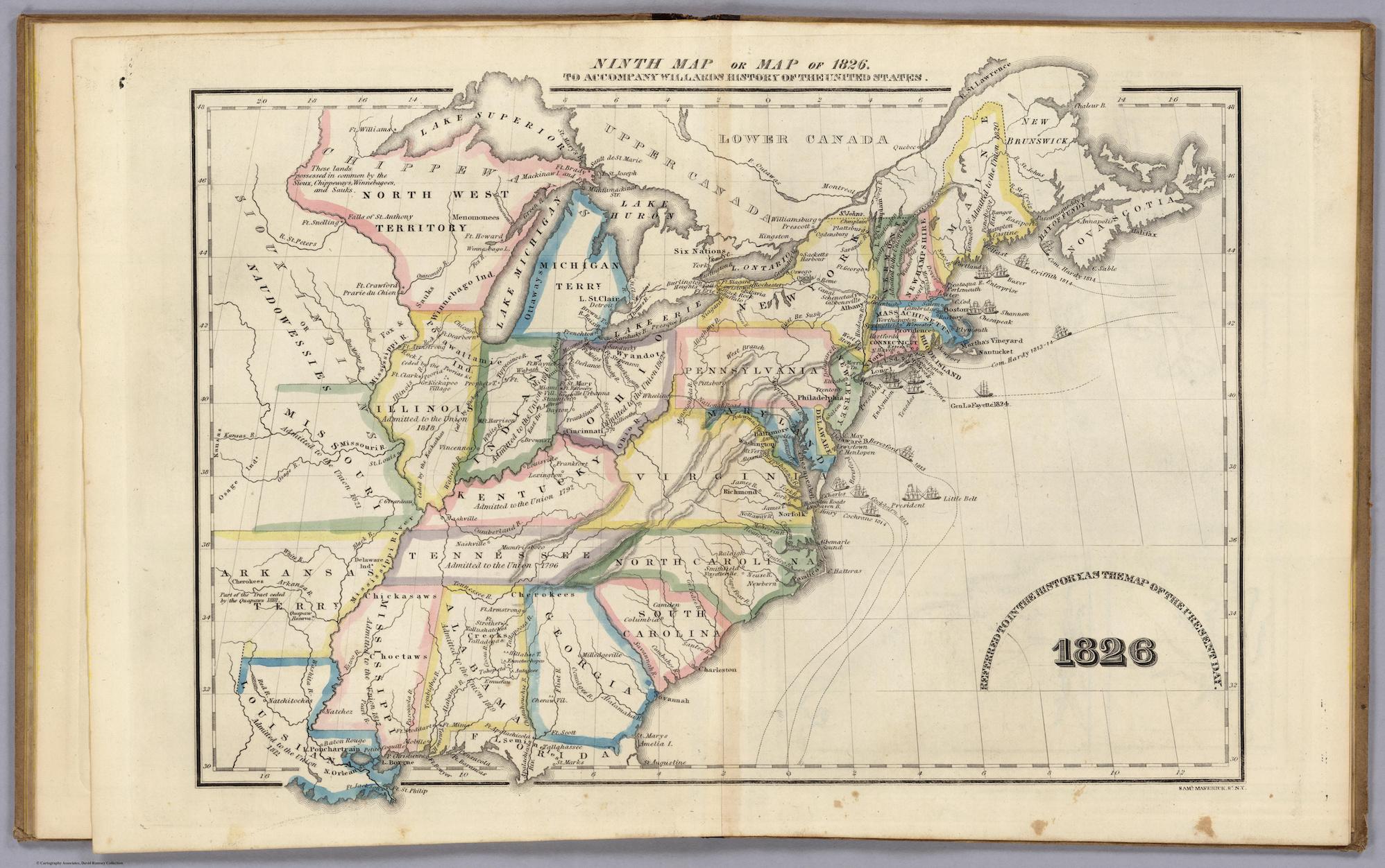 The final map in the series that shows the United States in 1826. The states, now including Alabama, Mississippi, Louisiana, Arkansas, Missouri, Illinois, Indiana, Ohio, Vermont, Michigan “Terry” and North West “Territory,” which would become Wisconsin, are outlined in various colors. Cities and bodies of water are named within each state, making the overall composition much busier than its previous iterations. On the leftmost side, the words “Sioux Indians or Naudowessies” are printed sideways, following the flow of the St. Peters, Des Moines, and Mississippi Rivers.