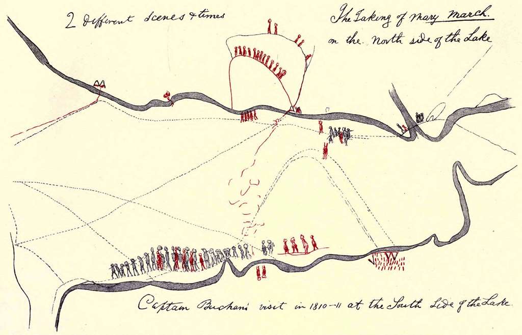 A sparsely illustrated sketch of the Beothuk’s encounters with the British. Two grayscale thick lines curve across the page horizontally, one near the top and another near the bottom, which represent the borders of the lake. Red and black minimalistic figures are drawn scattered both in groups and in isolation to represent the British (those drawn in black) and the Beothuk (those drawn in red). Several black dotted paths cross and stretch across the lake’s surface area. From the top of the page to the bottom of the lake, a solid, curving red line cascades and severs into multiple lines until breaking into small fragments as the dotted black lines draw nearer. Notably, a long line of black figures rest atop the bottom curve of the lake with a few red figures, indicating the Beothuk’s capture. Near the top center of the sheet, a red line curves above the lake and red figures are stationed around it. Other minimal red and grayscale markings depicting Beothuk or British movement are dispersed across the page. The illustrated map is bordered by three large annotations, written by Cormack and edited by Howley. In the top left, he writes, “2 different scenes + times”; in the top right, he writes, “The Taking of Mary March on the North side of the Lake”; the final annotation at the bottom of the page reads, “Captain Buchan’s visit in 1810-11 at the South side of the lake.”