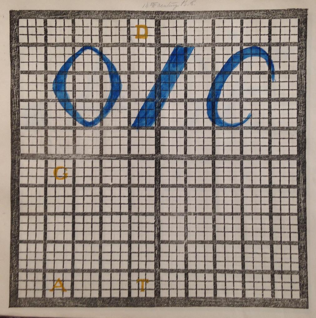 A student chart from The Polish-American System of Chronology The sixth of eight examples of student charts. Four event squares, distributed across the chart, are shaded yellow. The letters “O” “I” and “C” are written across the upper half of the grid in blue. When placed in between the previous chart and the chart that follows, it spells: “heroic age.”