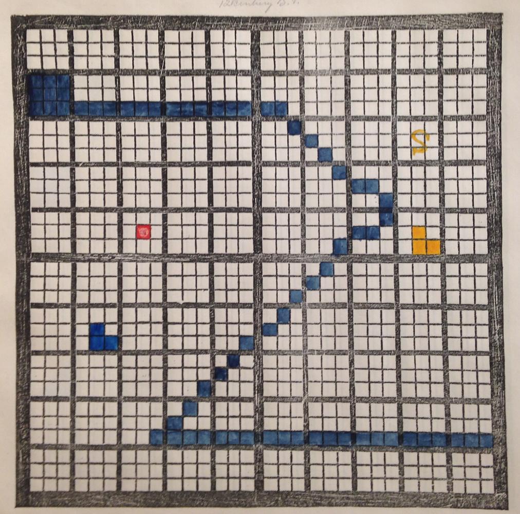 A student chart from The Polish-American System of Chronology The eighth of eight examples of student charts. Several event squares, distributed across the chart, are shaded in yellow and blue. The student has used the squares to create a blue zig-zagging line across the entirety of the chart.