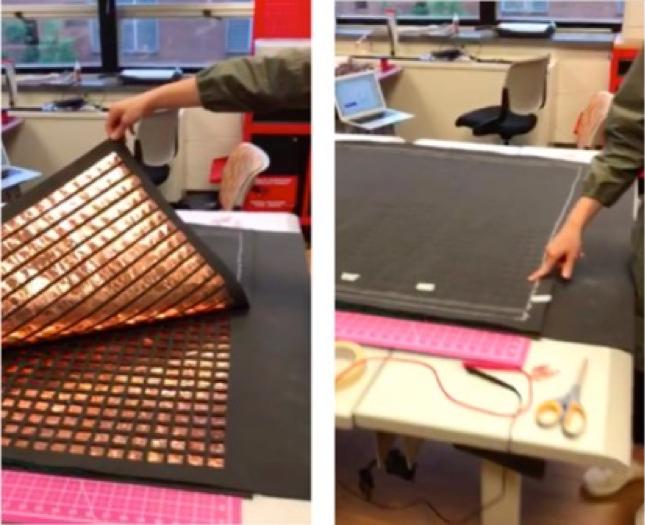 The Floor Chart The first two photos in a series documenting the layers of the Floor Chart. In the photograph on the left, a hand holds open top layer of the touch interface, revealing what is below: a layer that consists of horizontal strips of copper tape, a layer that consists of vertical strips of copper tape, and between them, a foam grid that serves as a spacer. In the right-hand photo, a finger presses directly on the foam touch interface, demonstrating its responsiveness to touch.