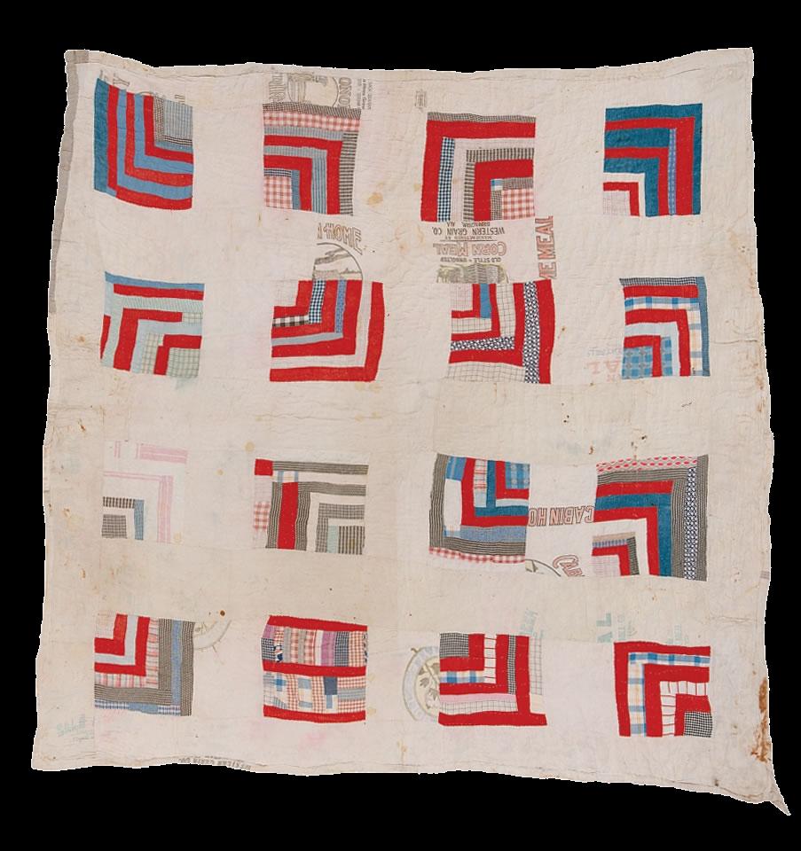 Housetop —Sixteen-Block ‘Half-Log Cabin’ Variation Sashed With Feed Sacks A quilt consisting of 16 squares arranged in a 4x4 grid. Each square consists of strips of red, blue, and grey cloth, quilted into L-shaped patterns, set against an off-white background.