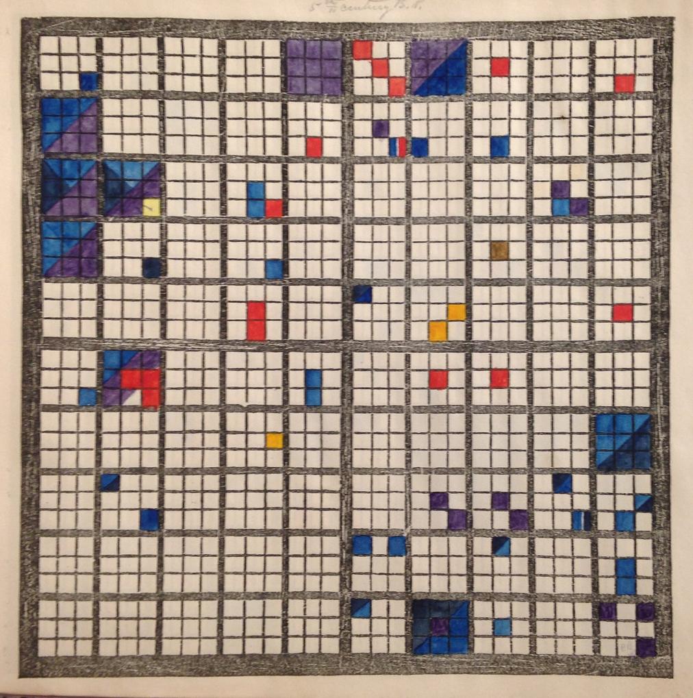 A student chart from The Polish-American System of Chronology The first of eight examples of charts filled in by students, arranged in two rows of four. Purple, blue, and black dominate this image, with the shaded event squares evenly distributed throughout the chart.
