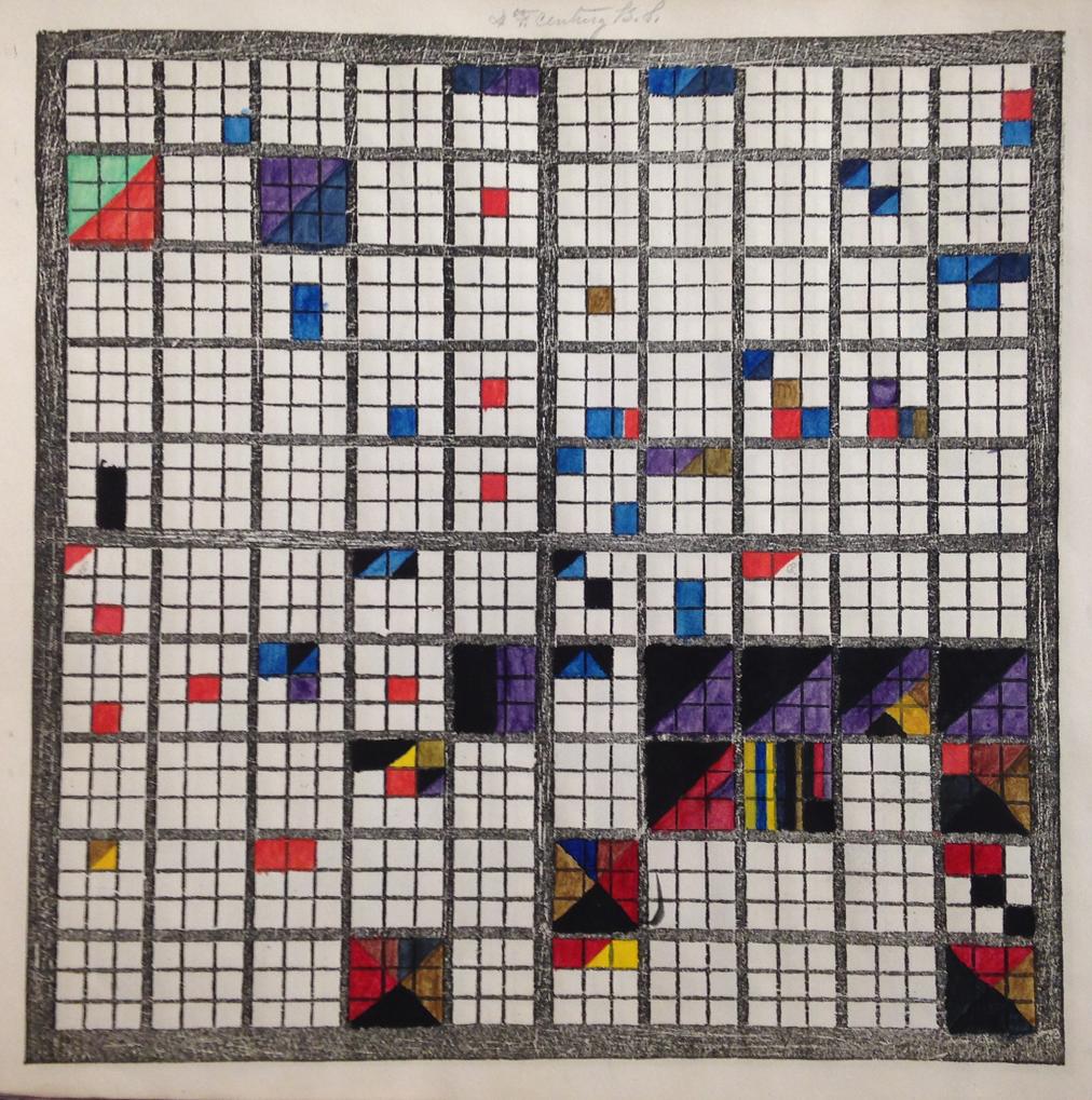 A student chart from The Polish-American System of Chronology The second of eight examples of student charts. Black, purple, and red dominate this image, with several years completely shaded, concentrated in the latter half of the century. Other single event squares are shaded throughout the chart.