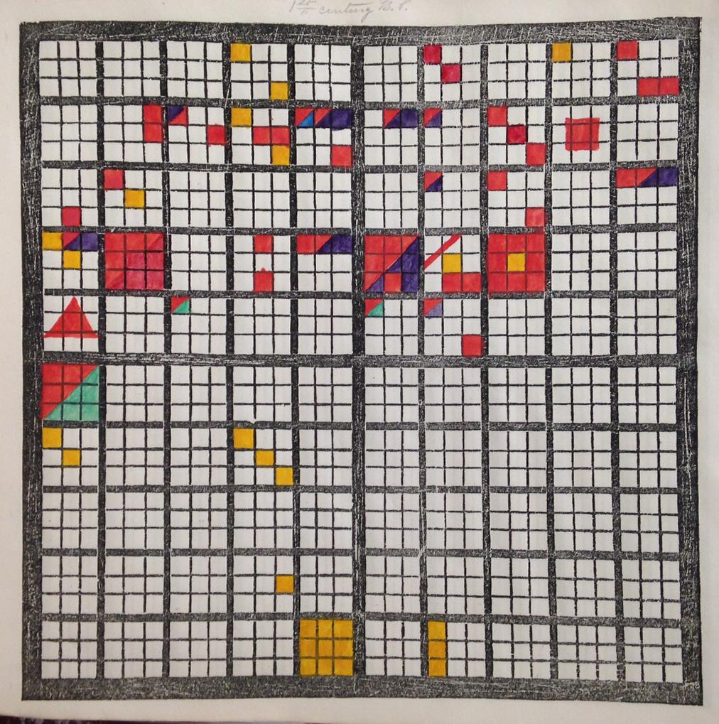 A student chart from The Polish-American System of Chronology The third of eight examples of student charts. Red is the primary color in this image. The shaded event squares are concentrated in the first half of the century.