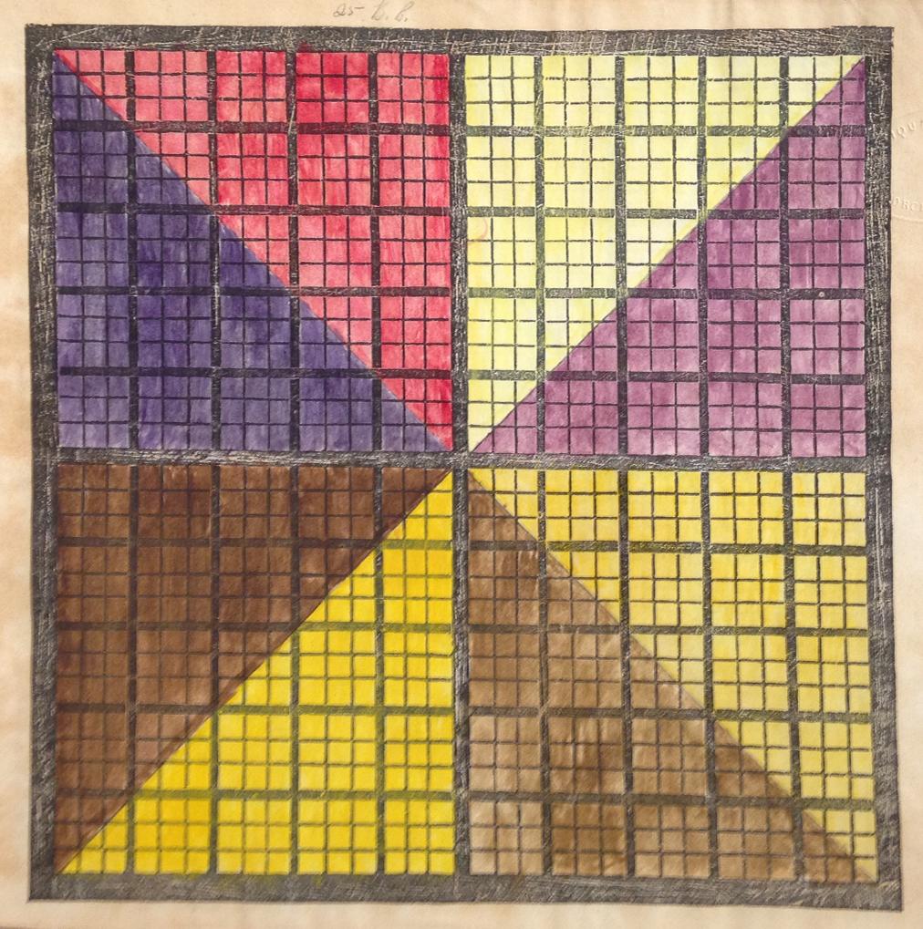 A student chart from The Polish-American System of Chronology The fourth of eight examples of student charts. This chart, the student has disregarded the grid lines. Instead, each quadrant is subdivided into two triangles (eight total). Each triangle is shaded a different color, seemingly at random. The overall effect is one of a pinwheel.