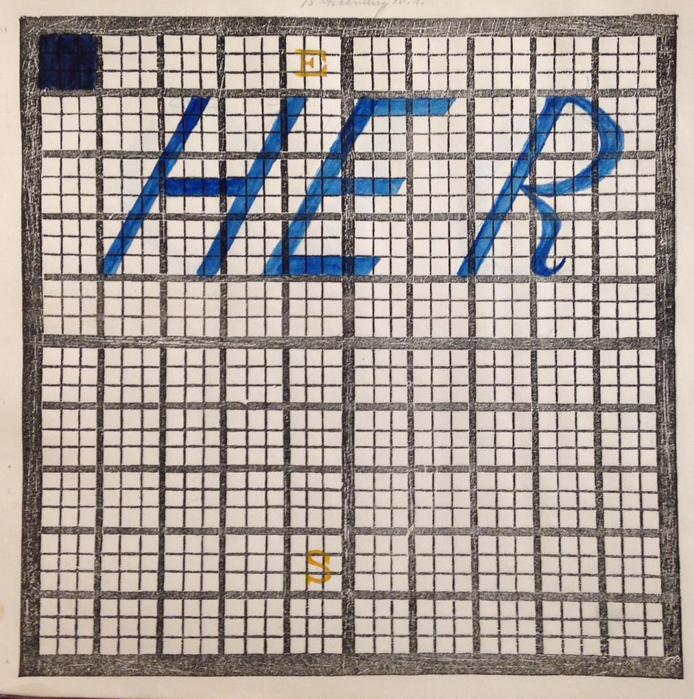 A student chart from The Polish-American System of Chronology The fifth of eight examples of student charts. The first year square is shaded black. Two other event squares are shaded yellow. The letters “H” “E” and “R” are written across the upper half of the grid in blue. When placed next to the subsequent two charts, it spells: “heroic age.”
