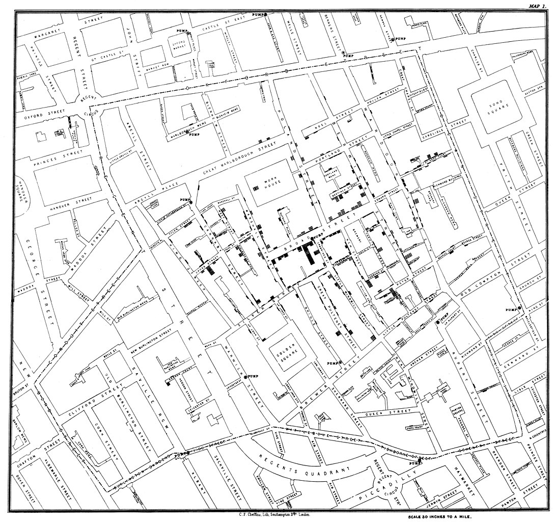 Untitled, from "Report on the cholera outbreak in the Parish of St. James, Westminster, during the autumn of 1854" An aerial map of a town’s cholera cases. Cholera presence is indicated by clusters of short squares that are stacked along streets and within neighborhoods.
