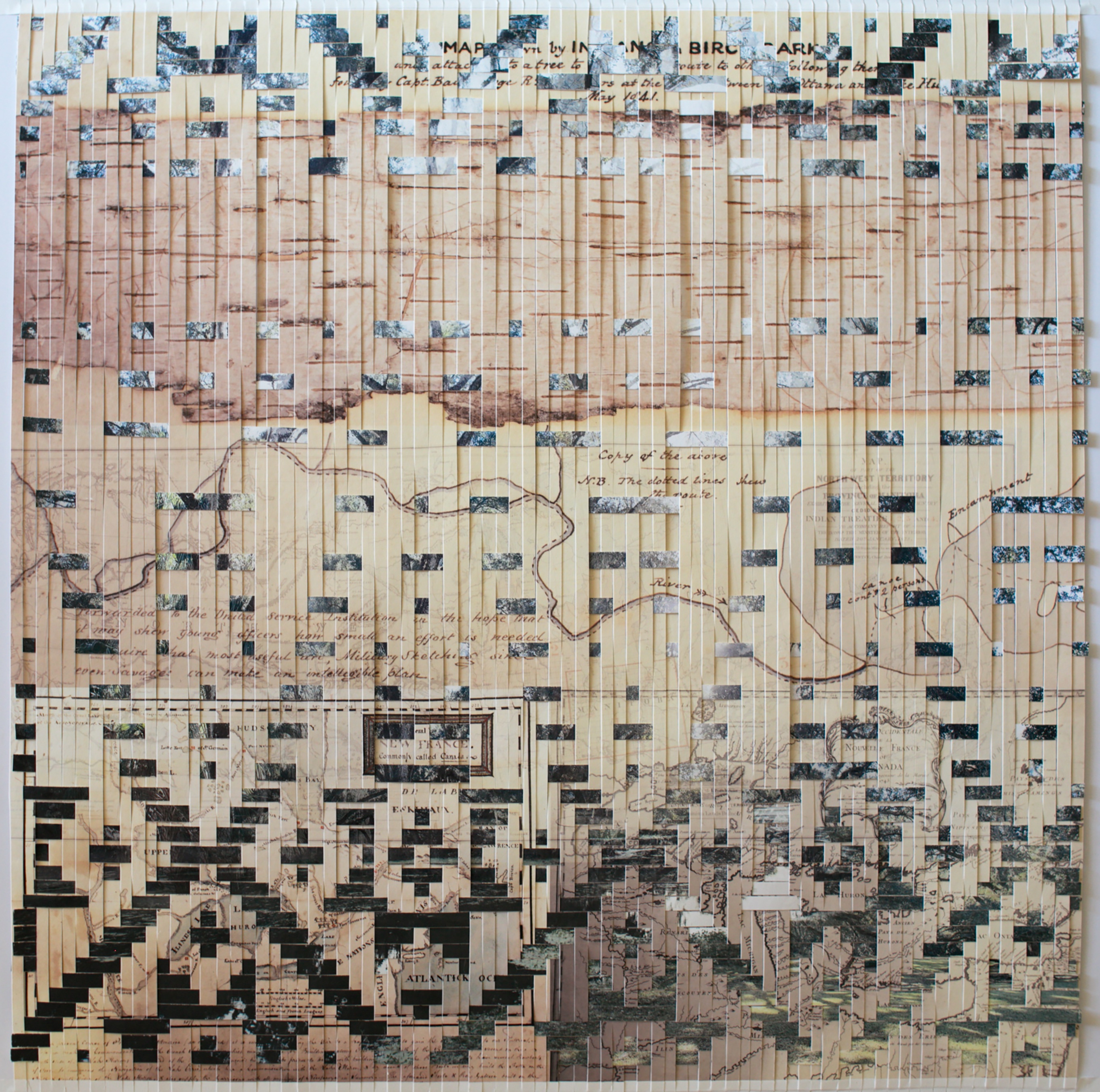 Birch Bark An abstract art piece that overlays angular, geometric design onto historical maps, notably the Ojibwe "kikaigon", also described and shown below. The material, from Sense’s website, includes woven archival inkjet prints on Hahnemuhle bamboo paper. While the geometric patterns take visual precedence, the background complicates the rigid angles through the fluid landmarks–like rivers, mountains, and footpaths–from the maps, as well as the scripted annotations of many of these geographical features. In turn, the text and illustrations on the maps are predominately obscured by the geometric patterns. Through the angular shapes, granular images of shapes appear, such as tree branches, rocks, dirt, and grass.